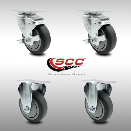 Service Caster 4 Inch SS Thermoplastic Rubber Wheel Top Plate Caster Set with 2 Brake 2 Rigid SCC-SS20S414-TPRB-TLB-2-R-2